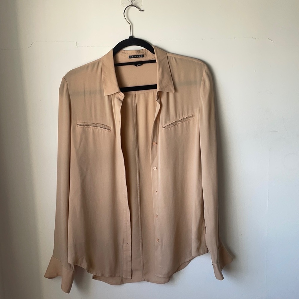 Theory Tan 100% Silk Button Down Top